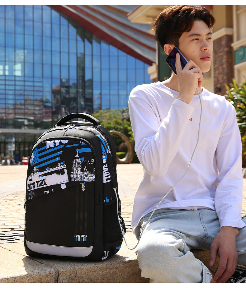 Cross-Border Lightweight Waterproof Casual Printed School Bag Junior High School Student Backpack Luminous Safety Burden-Reducing Computer Backpack
