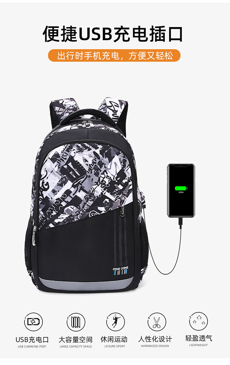 Cross-Border Lightweight Waterproof Casual Printed School Bag Junior High School Student Backpack Luminous Safety Burden-Reducing Computer Backpack