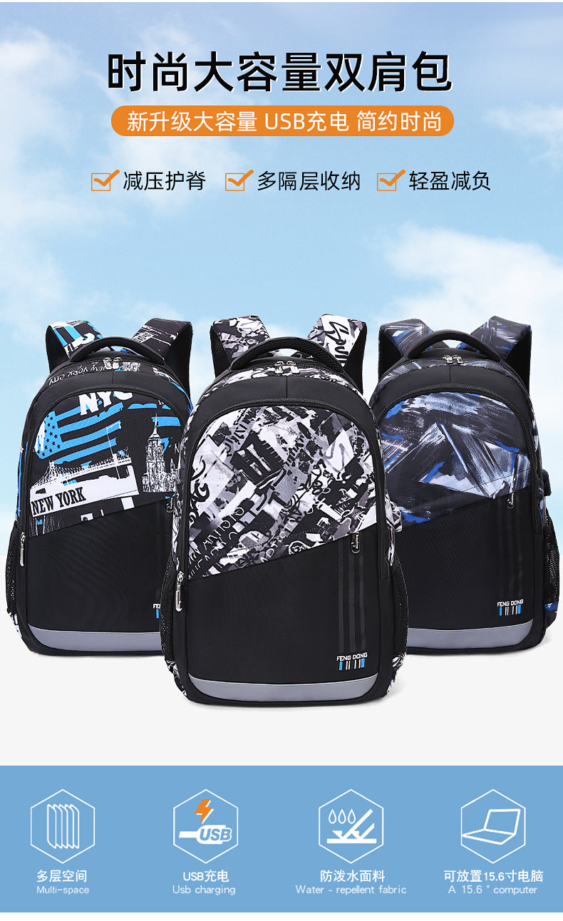 Cross-Border Lightweight Waterproof Casual Printed School Bag Junior High School Student Backpack Luminous Safety Burden-Reducing Computer Backpack