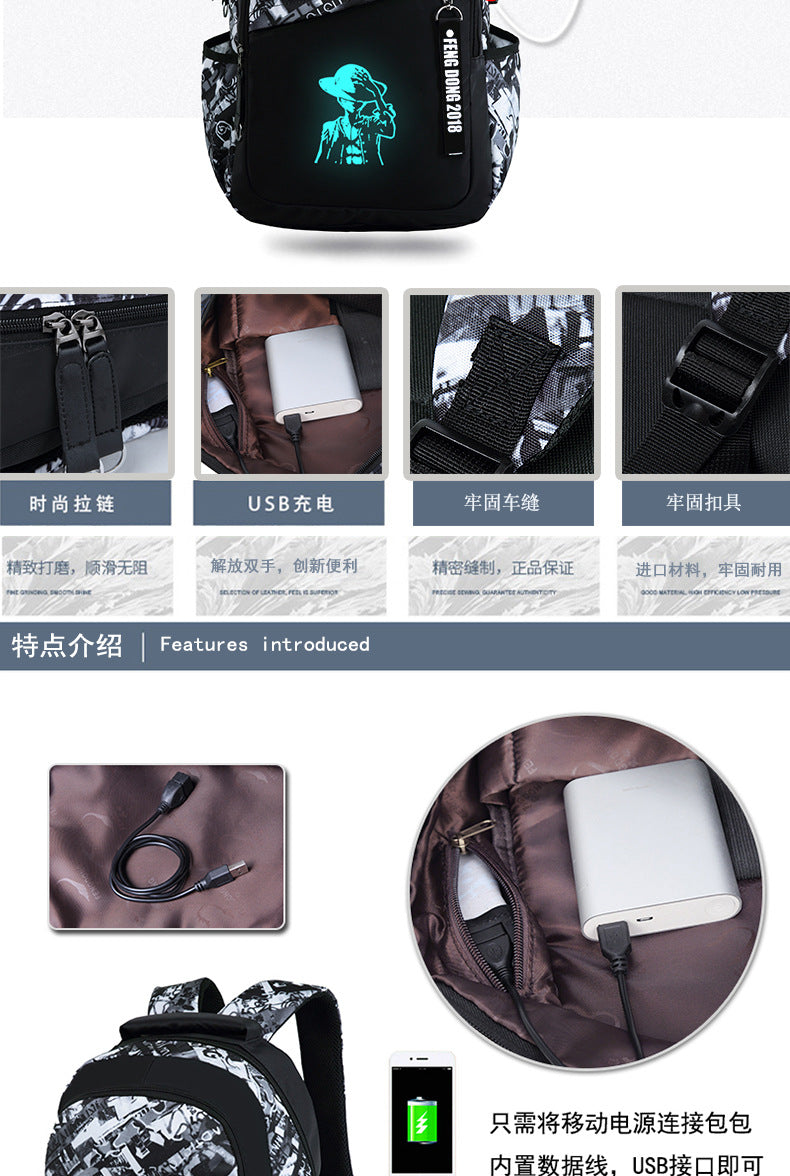 Cross-Border Lightweight Waterproof Casual Printed School Bag Junior High School Student Backpack Luminous Safety Burden-Reducing Computer Backpack