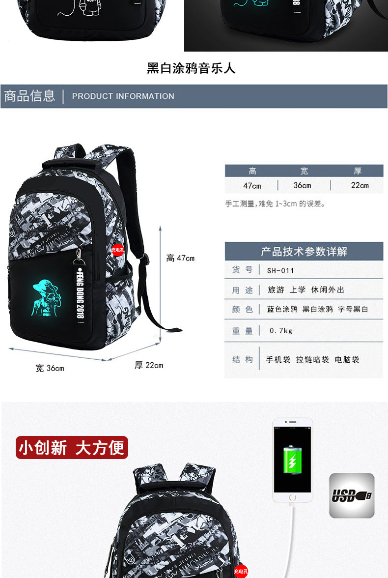 Cross-Border Lightweight Waterproof Casual Printed School Bag Junior High School Student Backpack Luminous Safety Burden-Reducing Computer Backpack