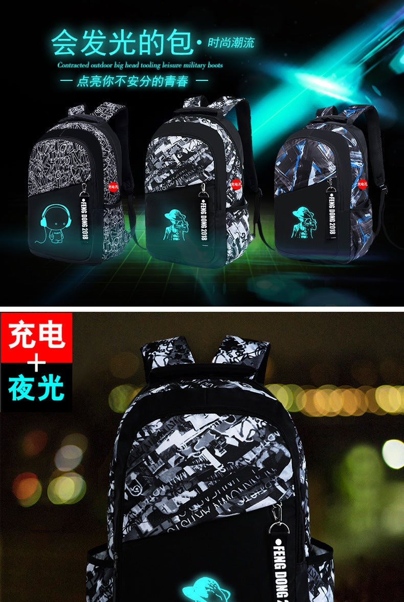 Cross-Border Lightweight Waterproof Casual Printed School Bag Junior High School Student Backpack Luminous Safety Burden-Reducing Computer Backpack