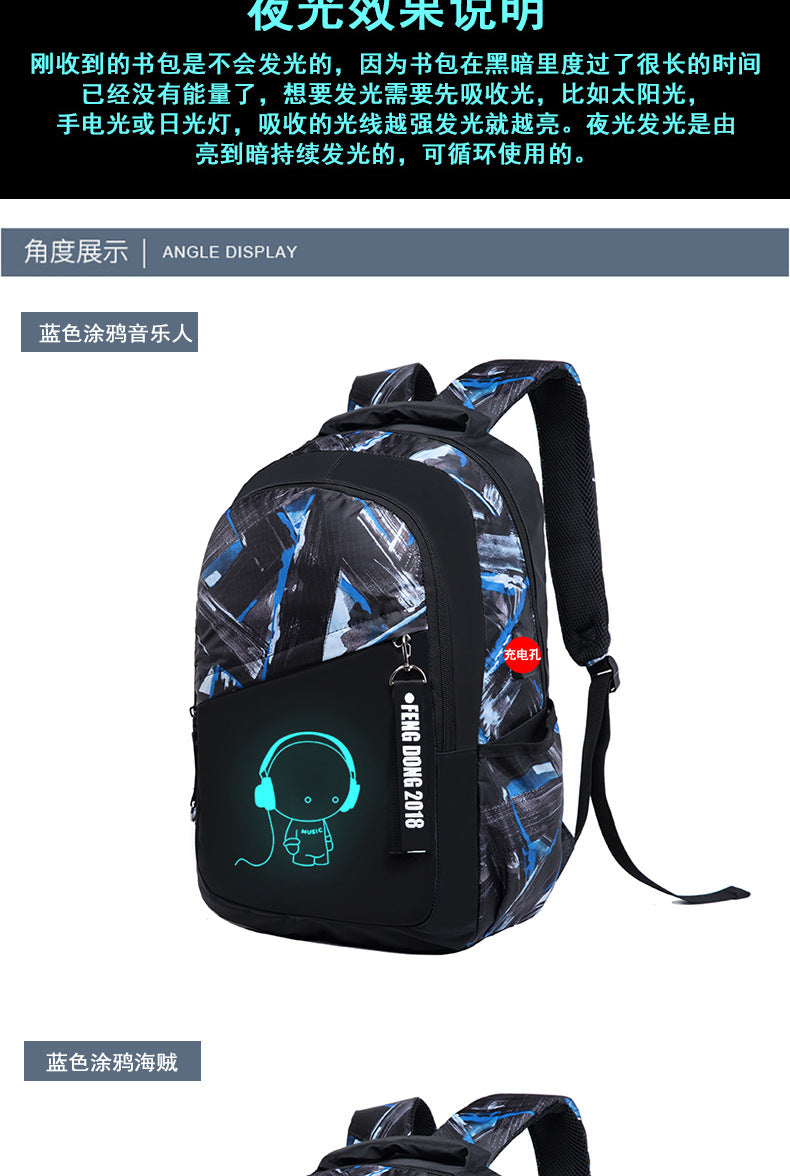 Cross-Border Lightweight Waterproof Casual Printed School Bag Junior High School Student Backpack Luminous Safety Burden-Reducing Computer Backpack