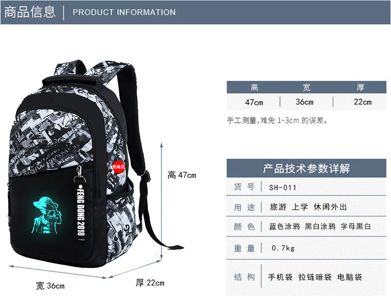 Cross-Border Lightweight Waterproof Casual Printed School Bag Junior High School Student Backpack Luminous Safety Burden-Reducing Computer Backpack