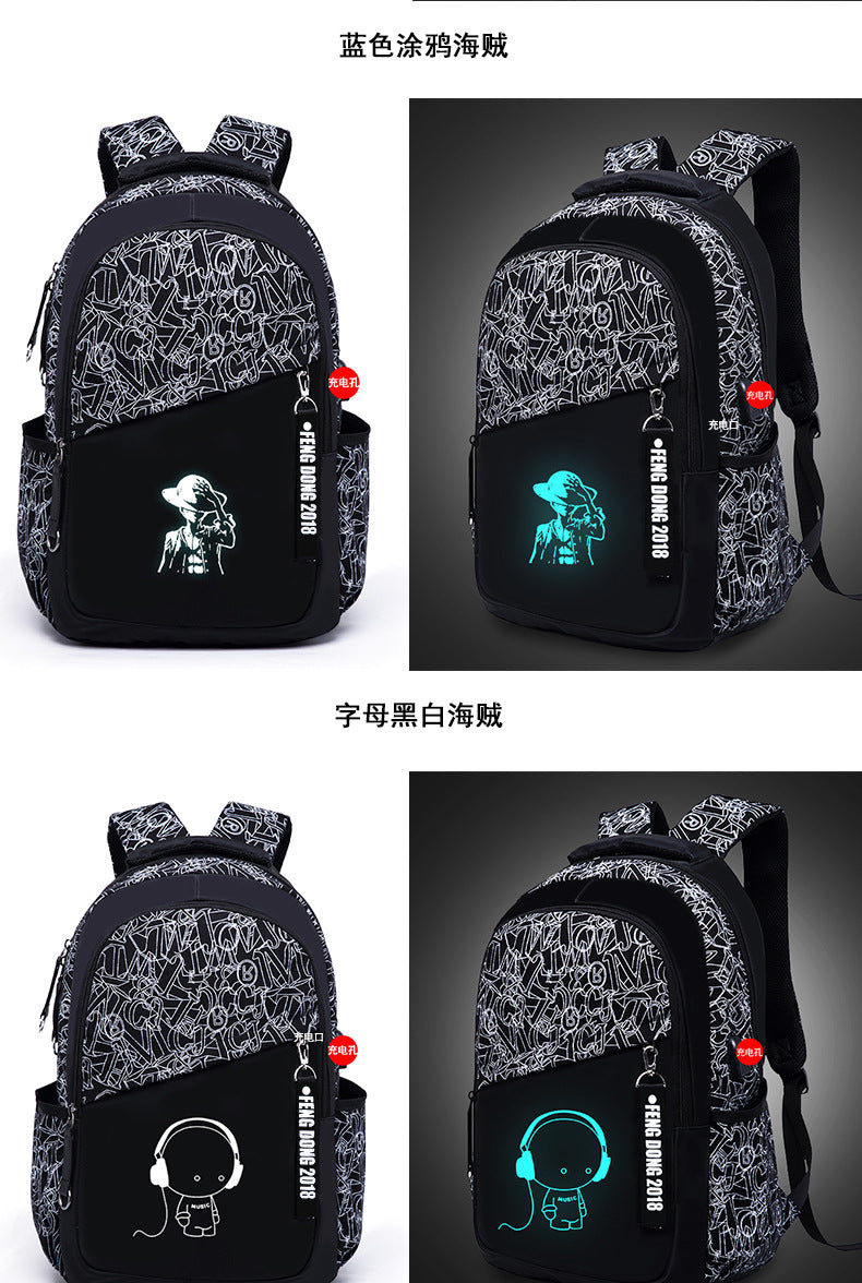 Cross-Border Lightweight Waterproof Casual Printed School Bag Junior High School Student Backpack Luminous Safety Burden-Reducing Computer Backpack