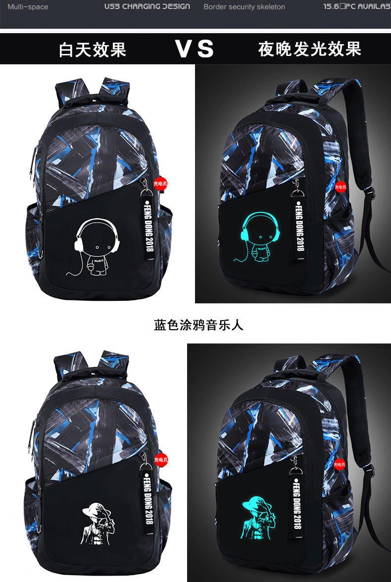 Cross-Border Lightweight Waterproof Casual Printed School Bag Junior High School Student Backpack Luminous Safety Burden-Reducing Computer Backpack