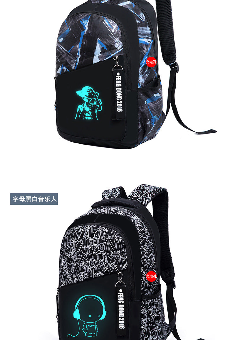 Cross-Border Lightweight Waterproof Casual Printed School Bag Junior High School Student Backpack Luminous Safety Burden-Reducing Computer Backpack