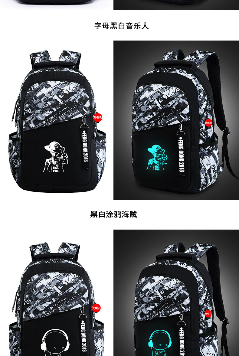 Cross-Border Lightweight Waterproof Casual Printed School Bag Junior High School Student Backpack Luminous Safety Burden-Reducing Computer Backpack