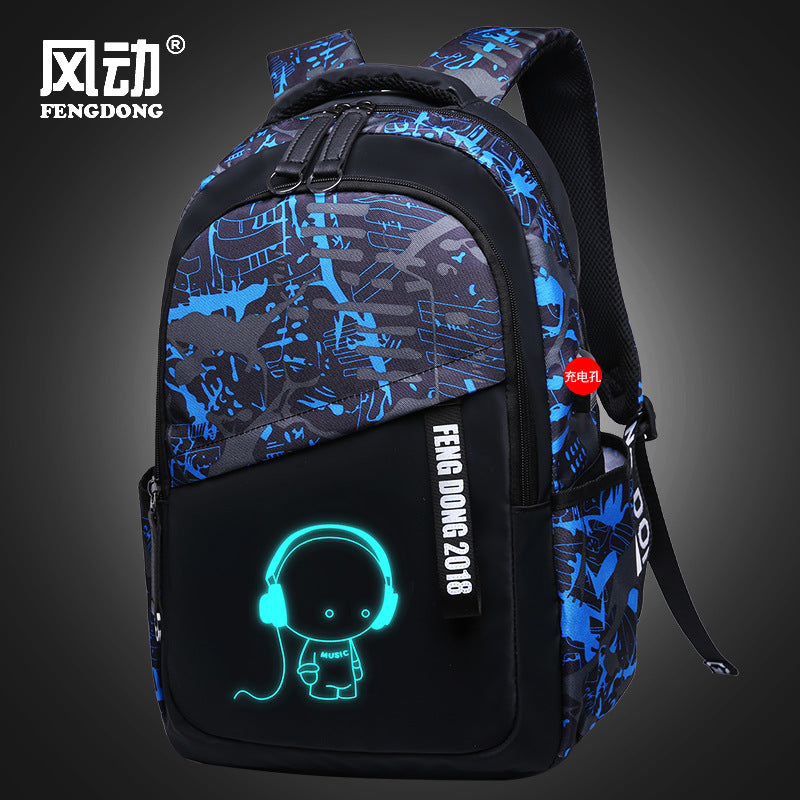 Cross-Border Lightweight Waterproof Casual Printed School Bag Junior High School Student Backpack Luminous Safety Burden-Reducing Computer Backpack