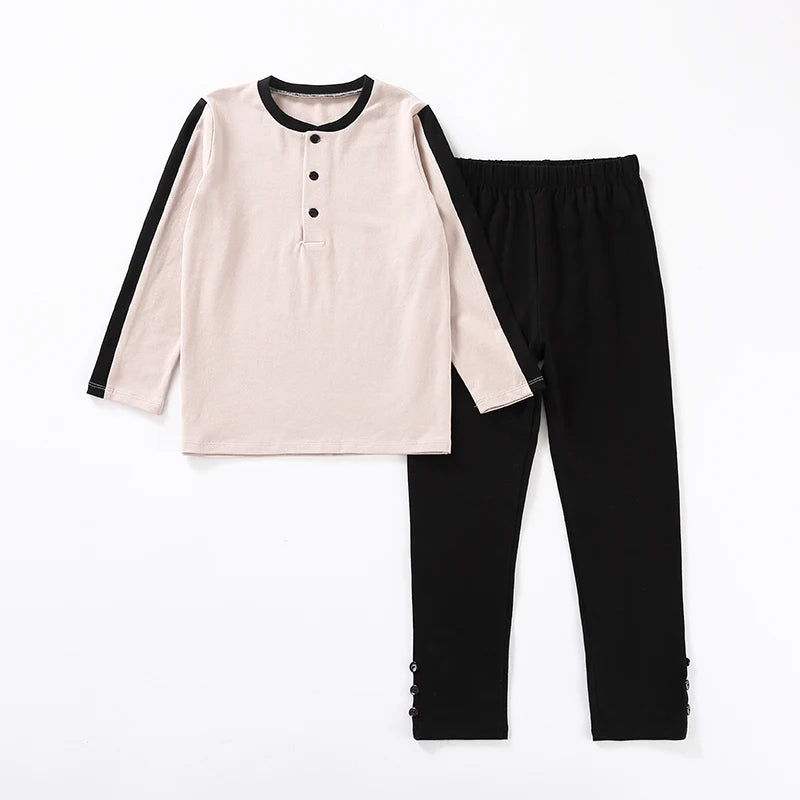 Children clothes 2pcs set long top and pants children casual set with front opening cotton  kids clothes black patches sleeves