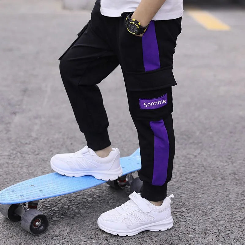 Boys Pants Kids Trousers Cotton Sweatpants Elastic Waist Casual Patchwork Multi-pocket Korean Pants Fashion Teenage Pants