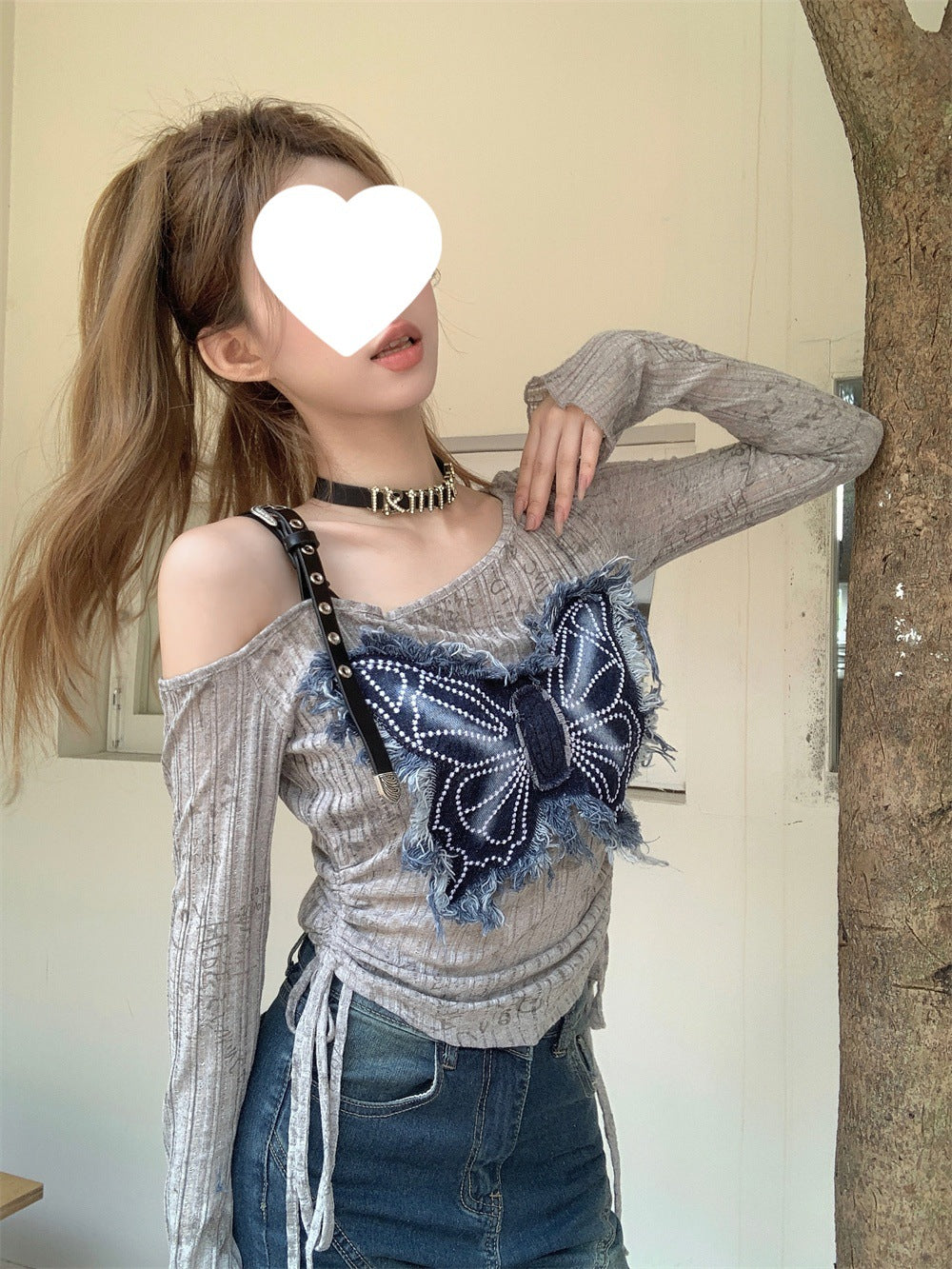 Design Sense Niche Stitching Denim Bow Short Spice Girls Summer Slimming Shoulder Drawstring Long-sleeved T-shirt Top