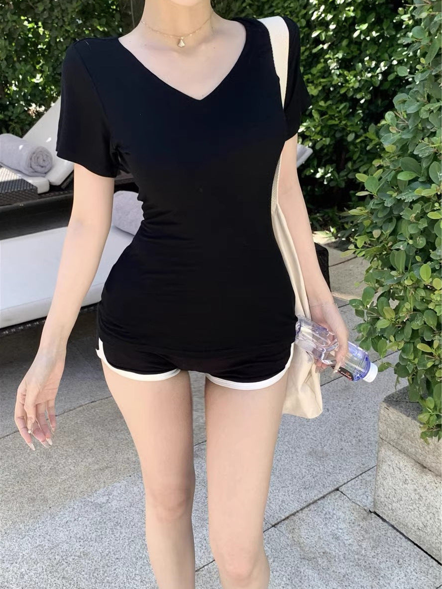White V-Neck Short-Sleeved Shoulder T-Shirt Women's Summer Basic Slim-Fit Inner Spice Girls Simple Slimming Base Shirt Top