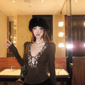 Heavy Industry Sequins brown Sexy V-Neck Long-Sleeved T-Shirt Women's Autumn Design Sense Base Shirt Slim-Fit Inner Spice Girl Top