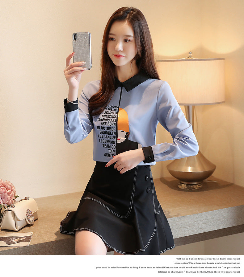 2025 Early Spring Real Shot Design Sense Letter Printed Girls Chiffon Shirt Autumn Korean Loose Long Sleeve Small Shirt Top