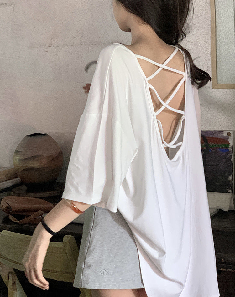 Cross Backless Short-sleeved T-shirt Women's Summer New Arrival Laid-back Loose Casual Design Hot Girls Chic Trendy Top
