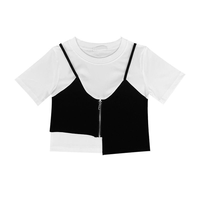 Irregular Fake Two-piece Stitching Short-sleeved T-shirt Women's Design Sense Small Girl's Zipper Top Summer Fashion
