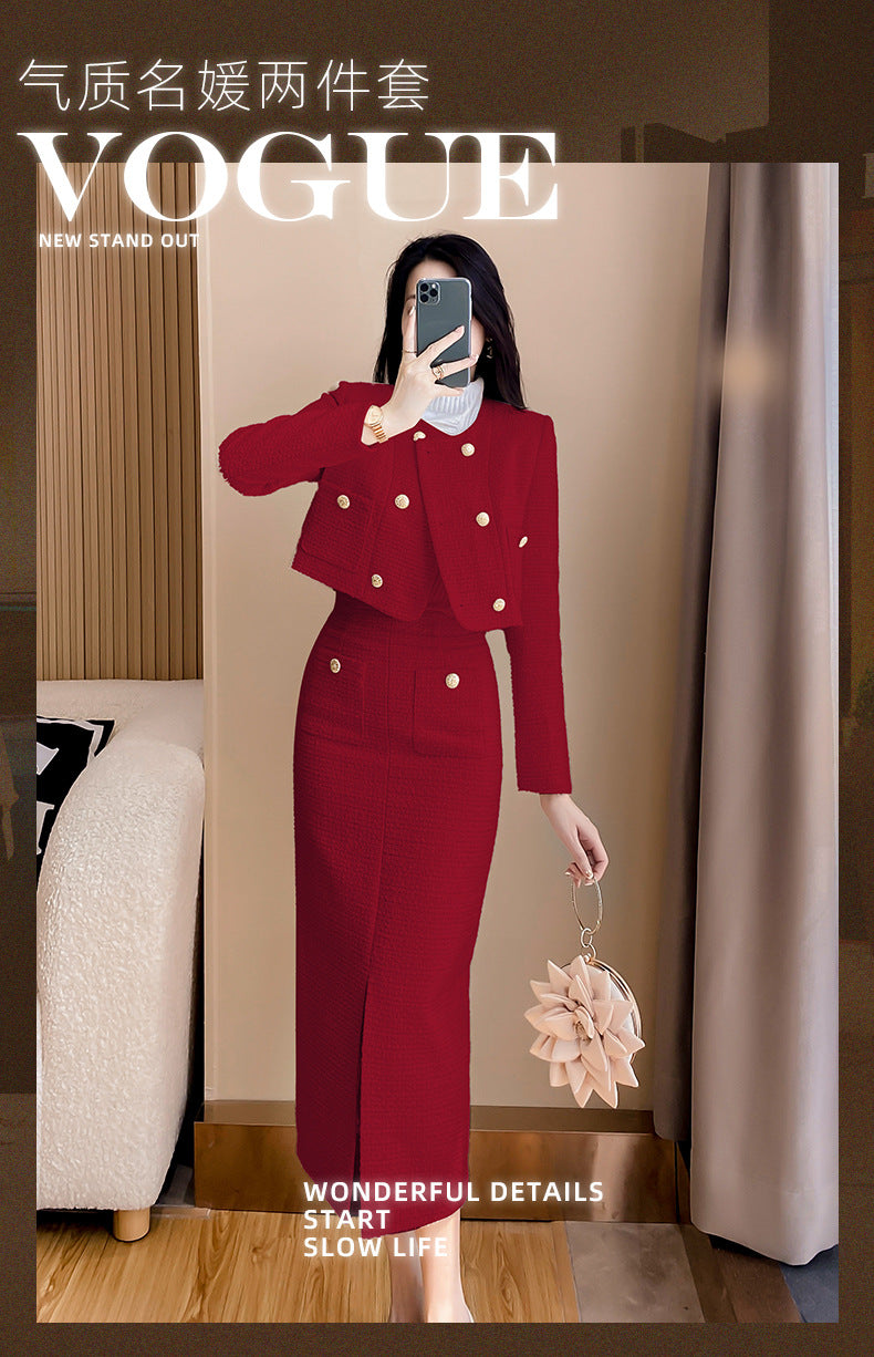 High-grade red suit 2023 autumn and winter New Chanel style slim fit woolen coat two-piece set back-to-door clothes fashion