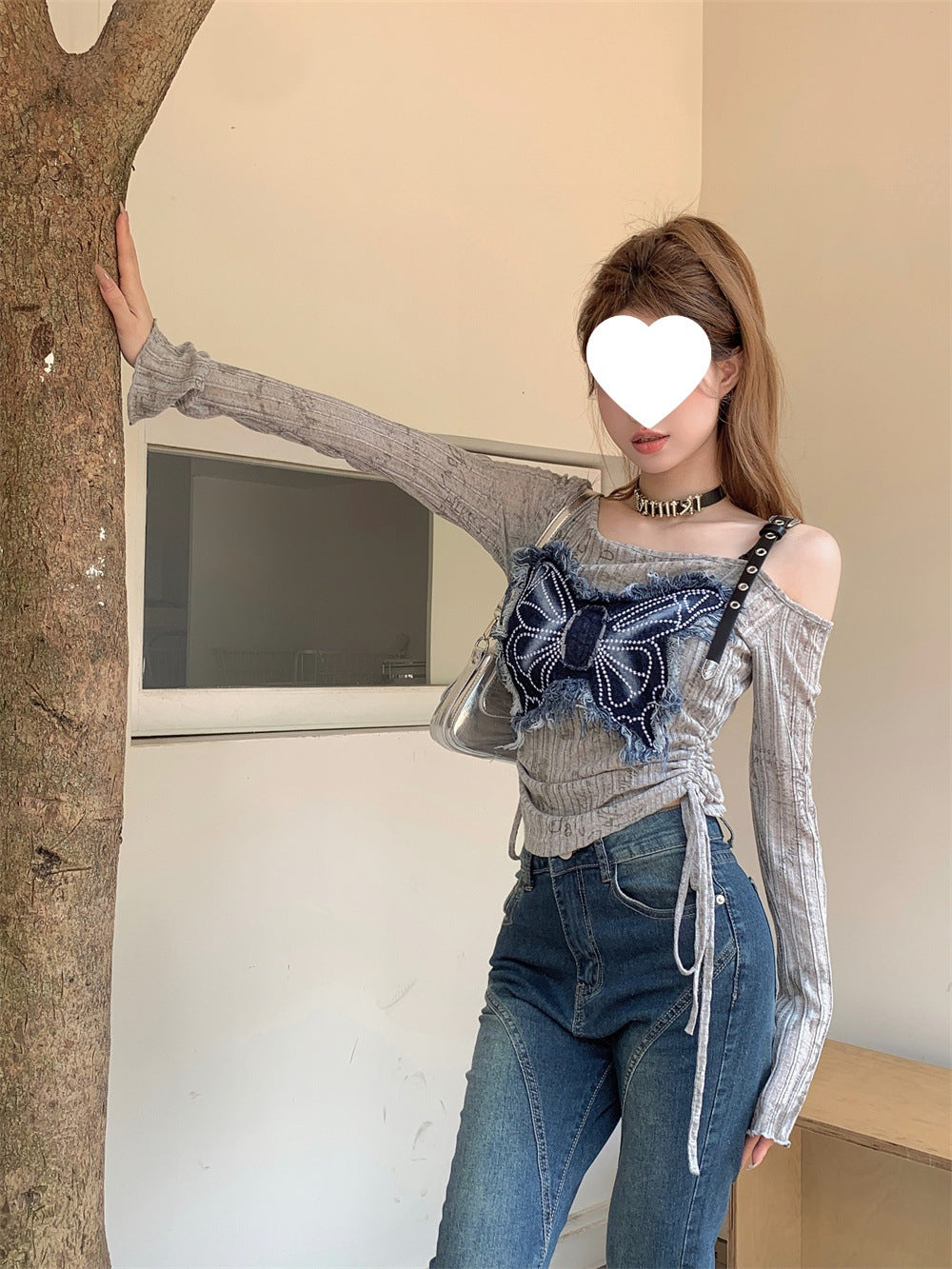 Design Sense Niche Stitching Denim Bow Short Spice Girls Summer Slimming Shoulder Drawstring Long-sleeved T-shirt Top