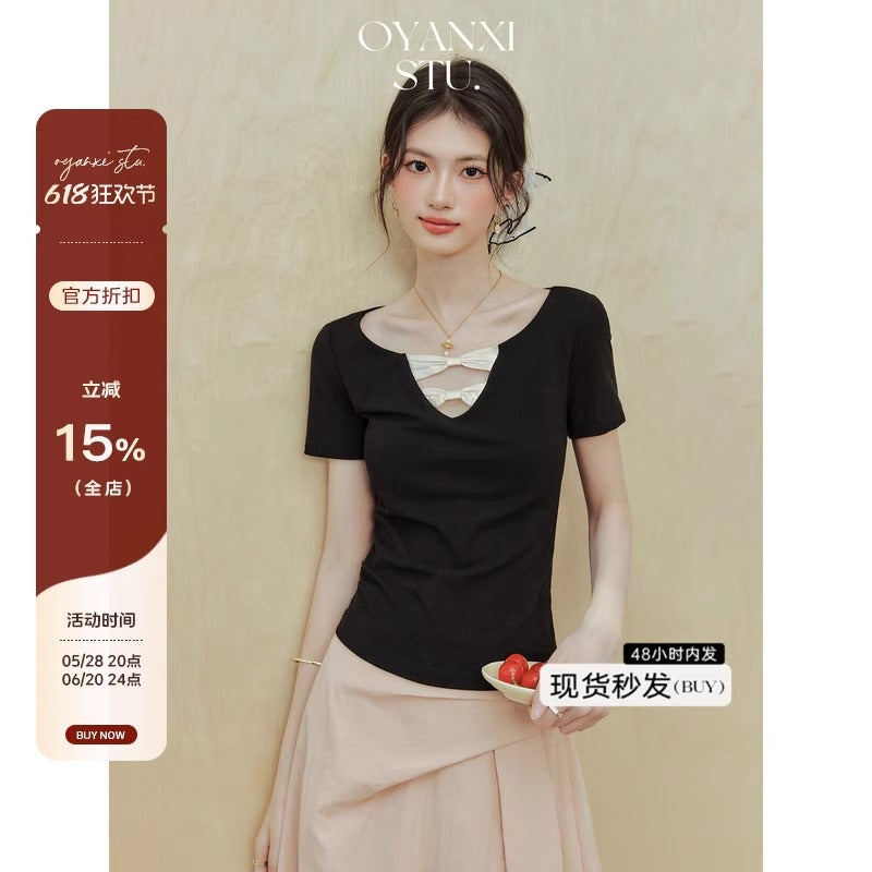 [Rayon 270g] "Ballet Girl" Black Short-Sleeved T-Shirt Women's Summer Design Waist Top