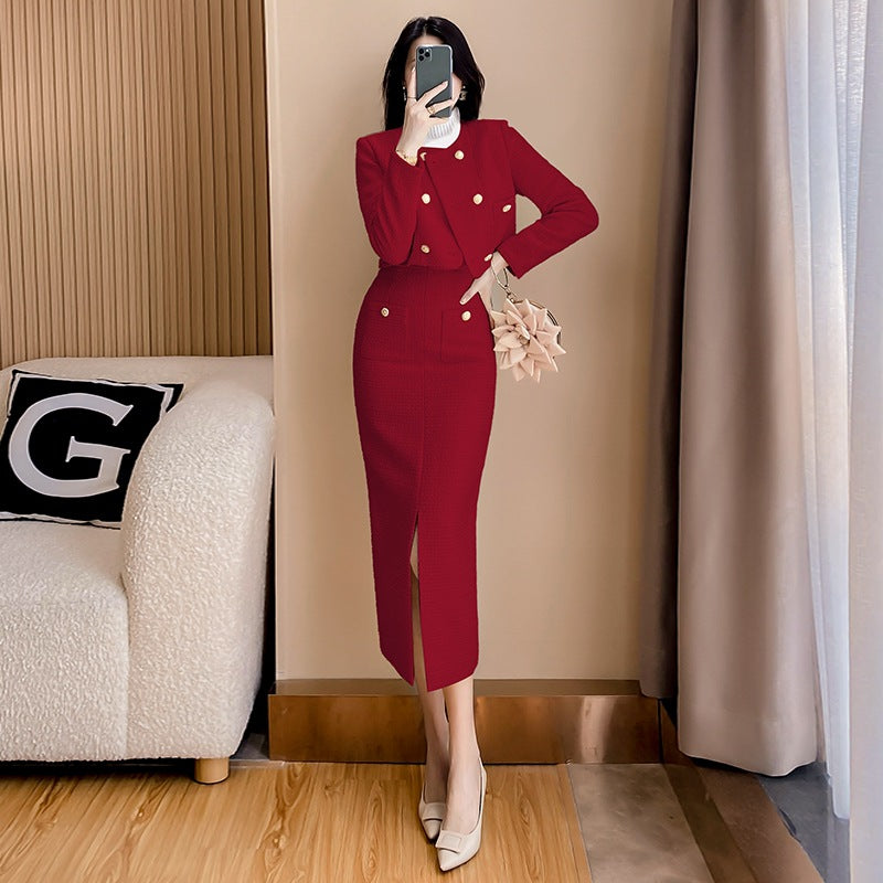 High-grade red suit 2023 autumn and winter New Chanel style slim fit woolen coat two-piece set back-to-door clothes fashion