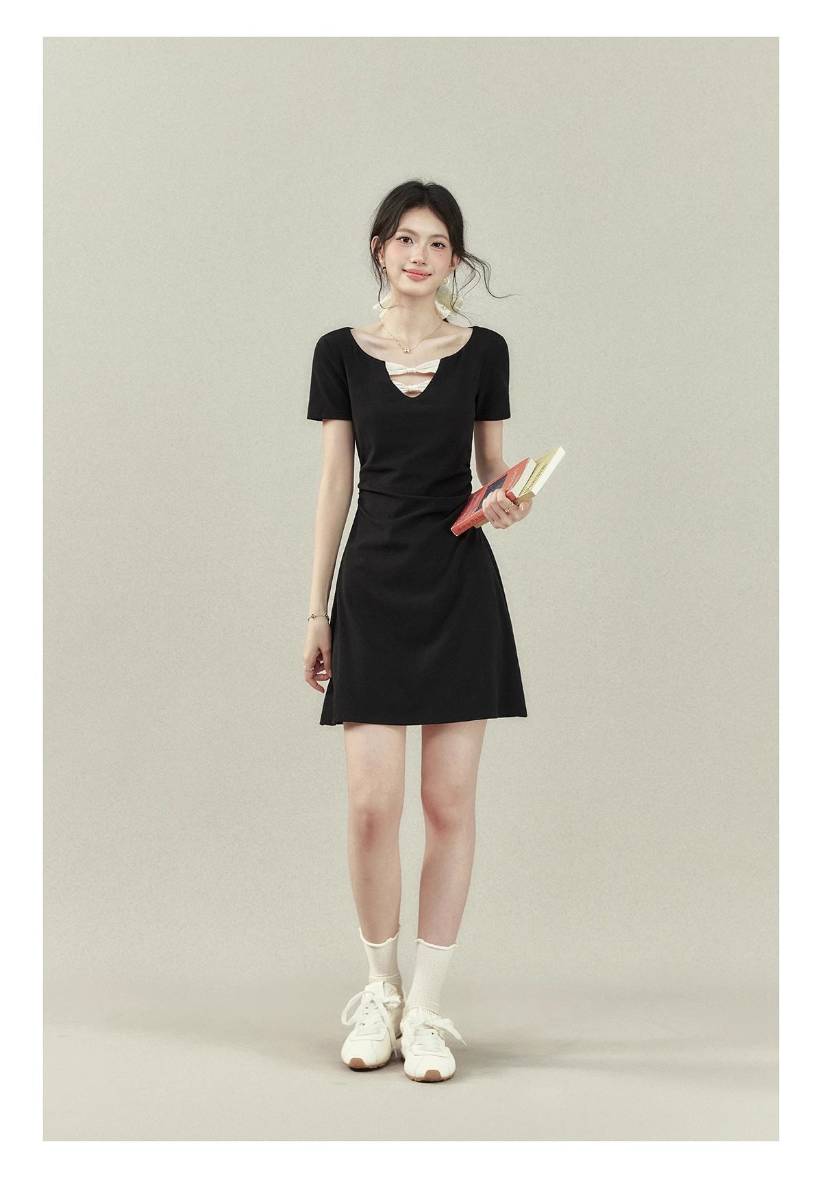 [Rayon 270g] "Ballet Girl" Black Short-Sleeved T-Shirt Women's Summer Design Waist Top