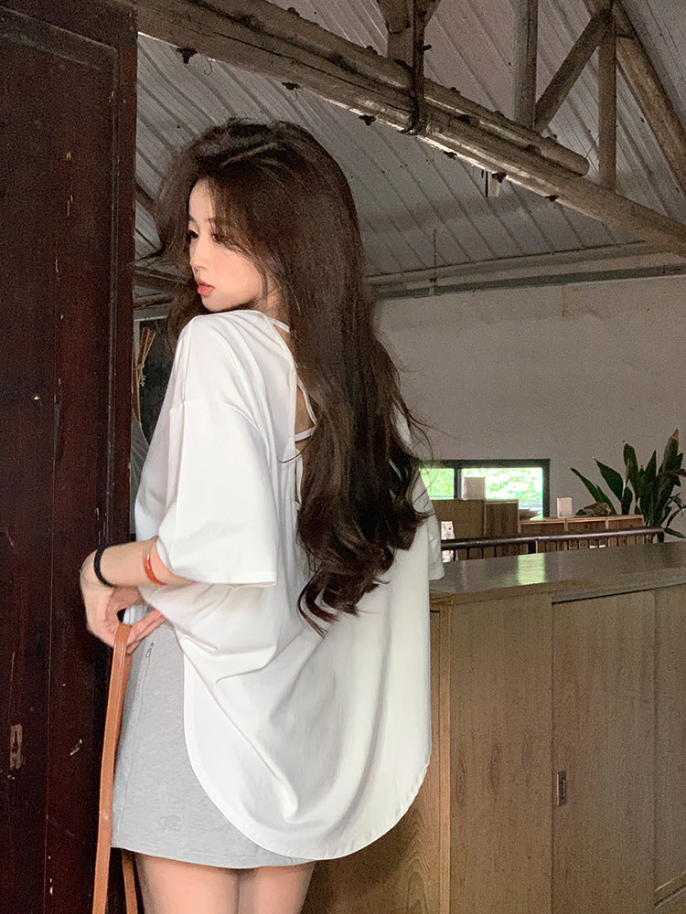 Cross Backless Short-sleeved T-shirt Women's Summer New Arrival Laid-back Loose Casual Design Hot Girls Chic Trendy Top