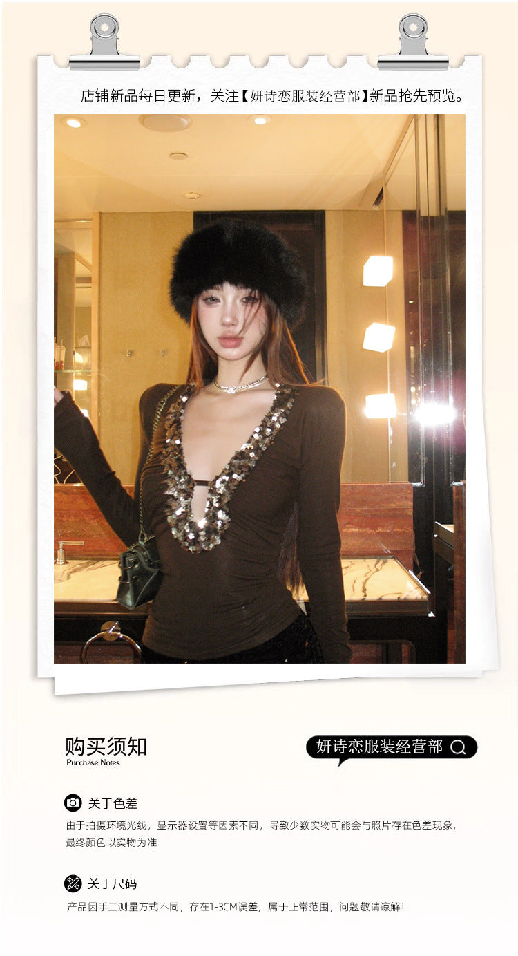Heavy Industry Sequins brown Sexy V-Neck Long-Sleeved T-Shirt Women's Autumn Design Sense Base Shirt Slim-Fit Inner Spice Girl Top