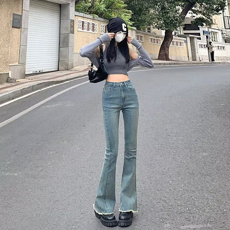 Vintage Blue Micro High-waisted Jeans Women's Autumn Fur-trimmed Slim-fit Slimming Spice Girls Loose Horseshoe Flared Pants