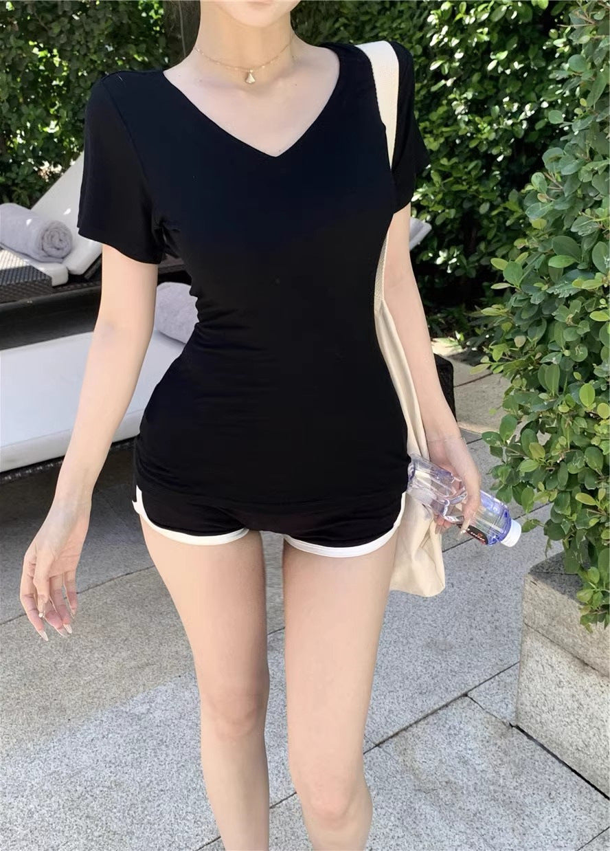 White V-Neck Short-Sleeved Shoulder T-Shirt Women's Summer Basic Slim-Fit Inner Spice Girls Simple Slimming Base Shirt Top