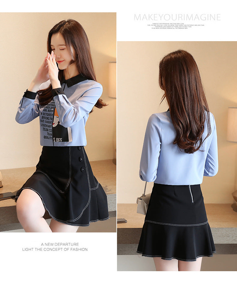 2025 Early Spring Real Shot Design Sense Letter Printed Girls Chiffon Shirt Autumn Korean Loose Long Sleeve Small Shirt Top