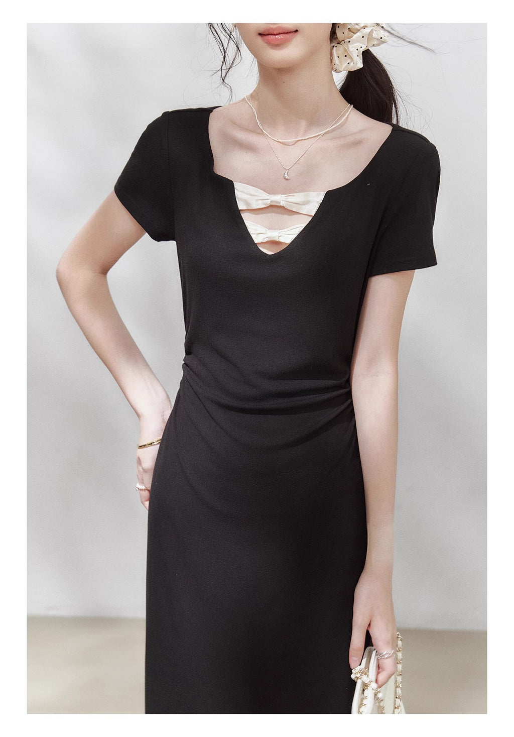 [Rayon 270g] "Ballet Girl" Black Short-Sleeved T-Shirt Women's Summer Design Waist Top