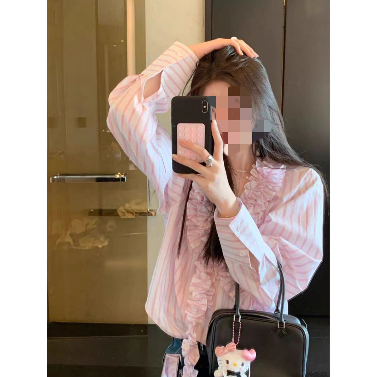 Design Sense Sweet Girl French Style Gentle V-Neck Stamped Striped Long Sleeve Shirt Spring and Summer New Season Top for Women