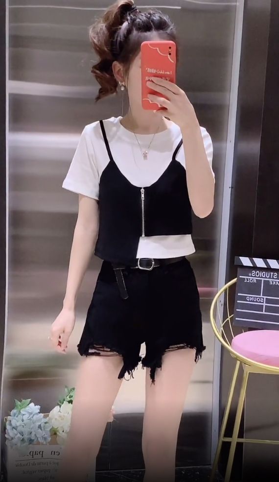 Irregular Fake Two-piece Stitching Short-sleeved T-shirt Women's Design Sense Small Girl's Zipper Top Summer Fashion