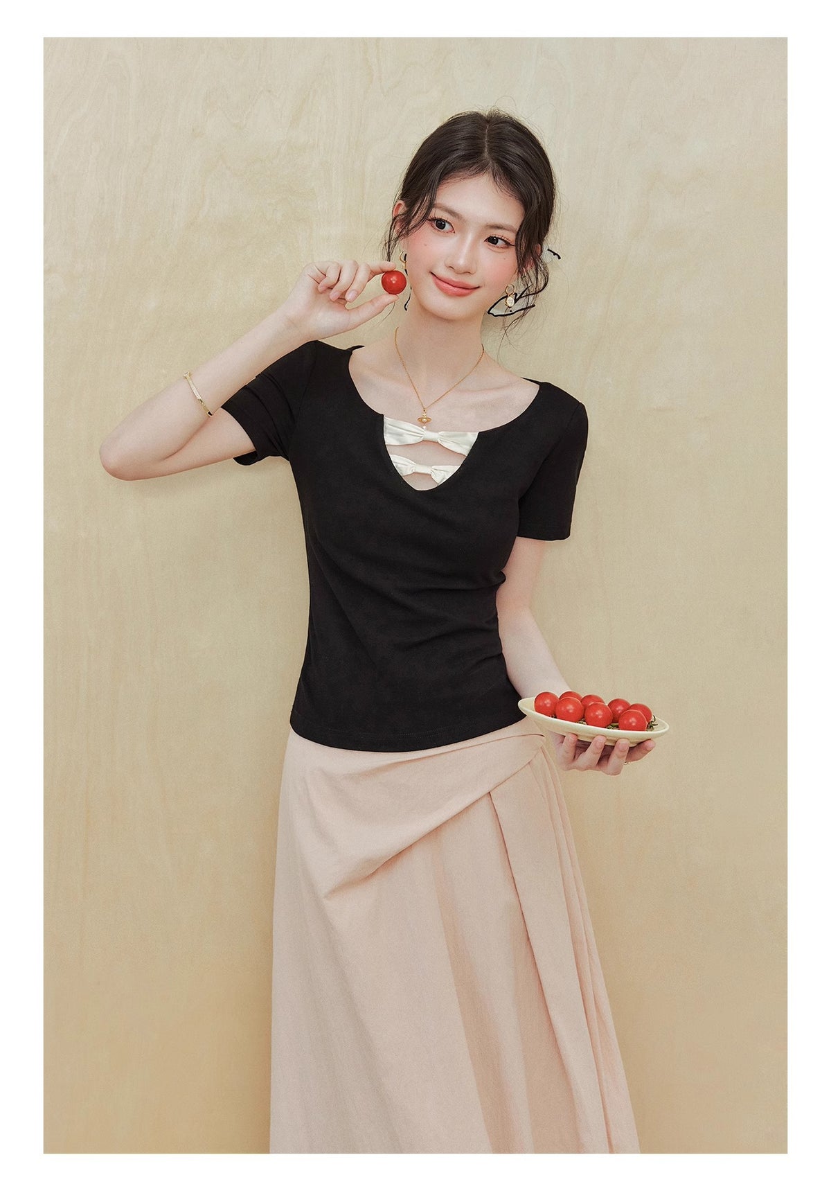 [Rayon 270g] "Ballet Girl" Black Short-Sleeved T-Shirt Women's Summer Design Waist Top