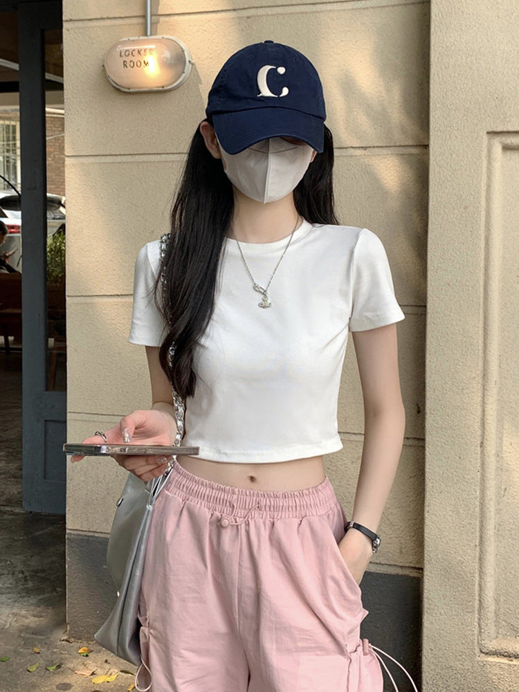 White Cotton T-Shirt Women's Short-sleeved Inner Summer Wear Spice Girl Short Slim-fit Slimming Shoulder T-shirt Top