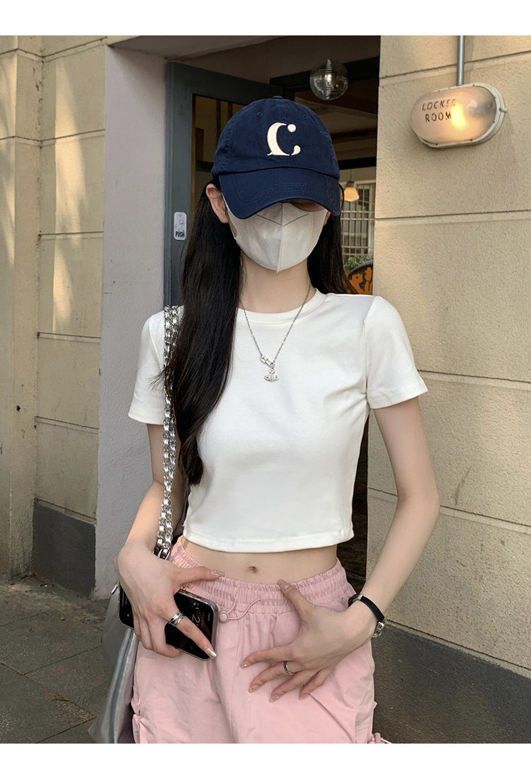 White Cotton T-Shirt Women's Short-sleeved Inner Summer Wear Spice Girl Short Slim-fit Slimming Shoulder T-shirt Top
