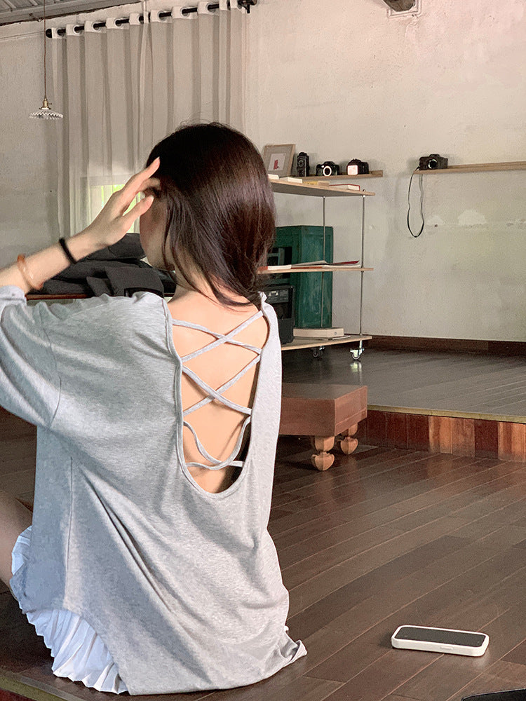 Cross Backless Short-sleeved T-shirt Women's Summer New Arrival Laid-back Loose Casual Design Hot Girls Chic Trendy Top