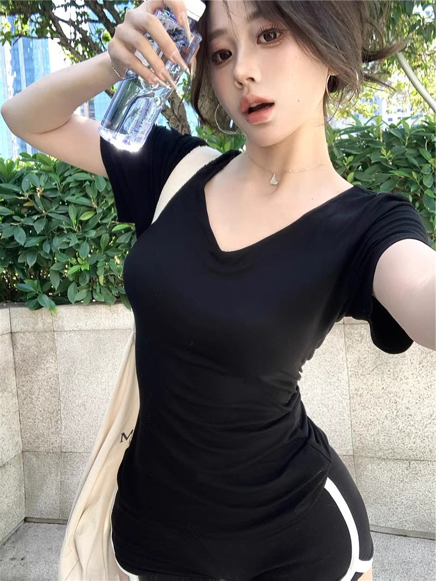 White V-Neck Short-Sleeved Shoulder T-Shirt Women's Summer Basic Slim-Fit Inner Spice Girls Simple Slimming Base Shirt Top