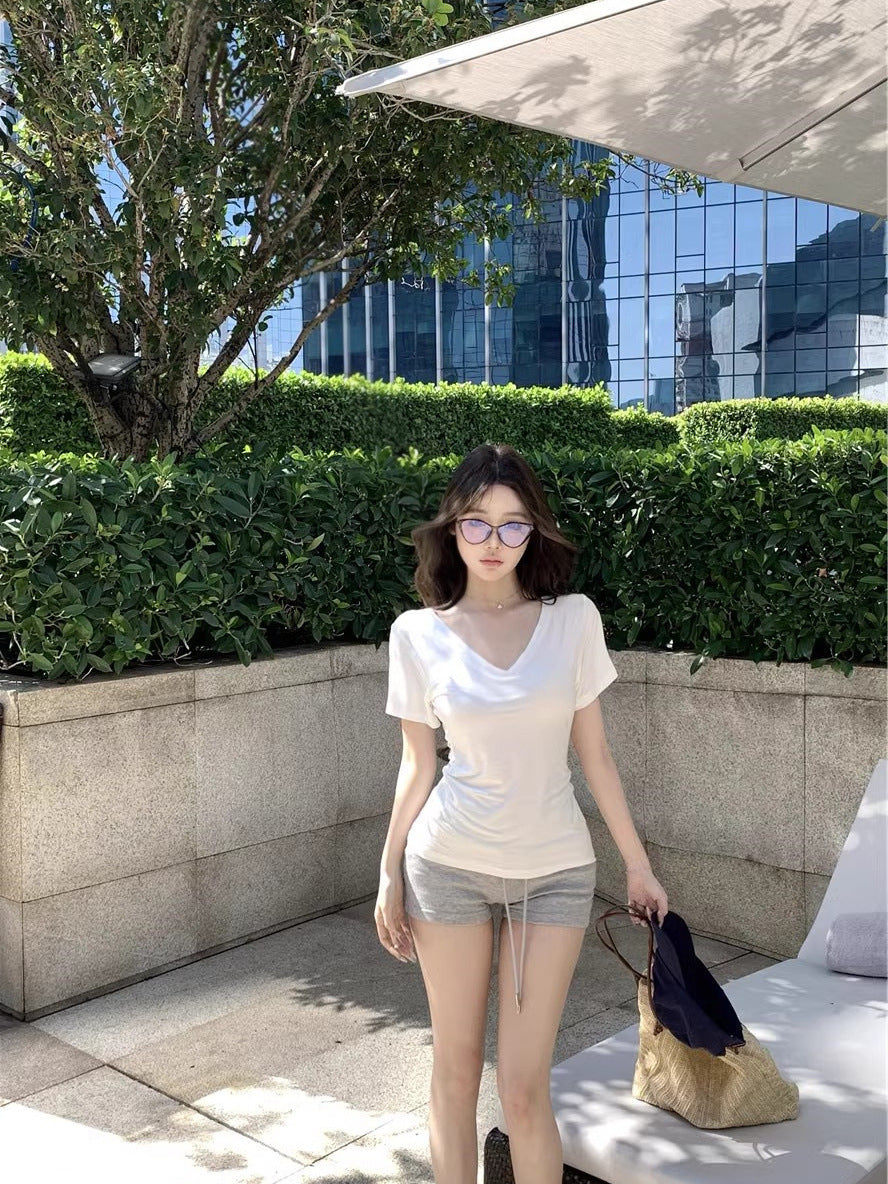 White V-Neck Short-Sleeved Shoulder T-Shirt Women's Summer Basic Slim-Fit Inner Spice Girls Simple Slimming Base Shirt Top