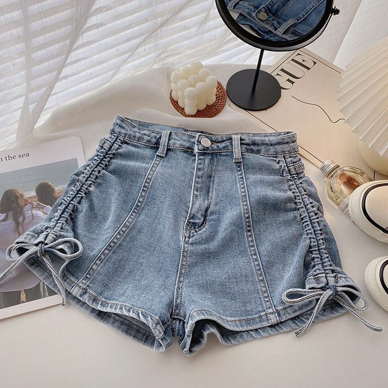 Strap Drawstring Denim Shorts Women's Summer Thin Niche Design High Waist Slimming Spice Girls Stretch Super Short Hot Pants