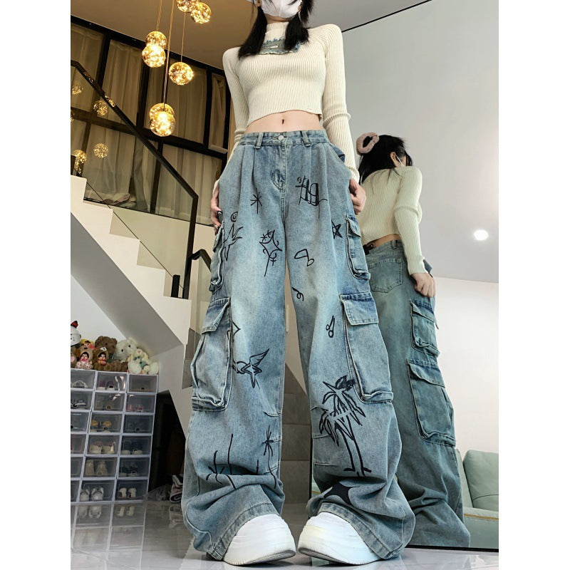 Vintage Graffiti Cartoon Y2K Niche Design Spice Girls Slim Wide Leg Jeans Women's New