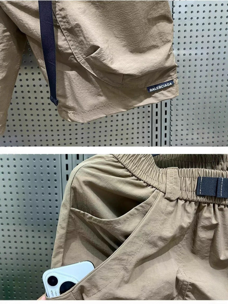 Casual Shorts Men's Summer Thin Cargo Pants Loose Straight Mid-Pants Khaki Functional Buckle Quick-Drying Shorts Men