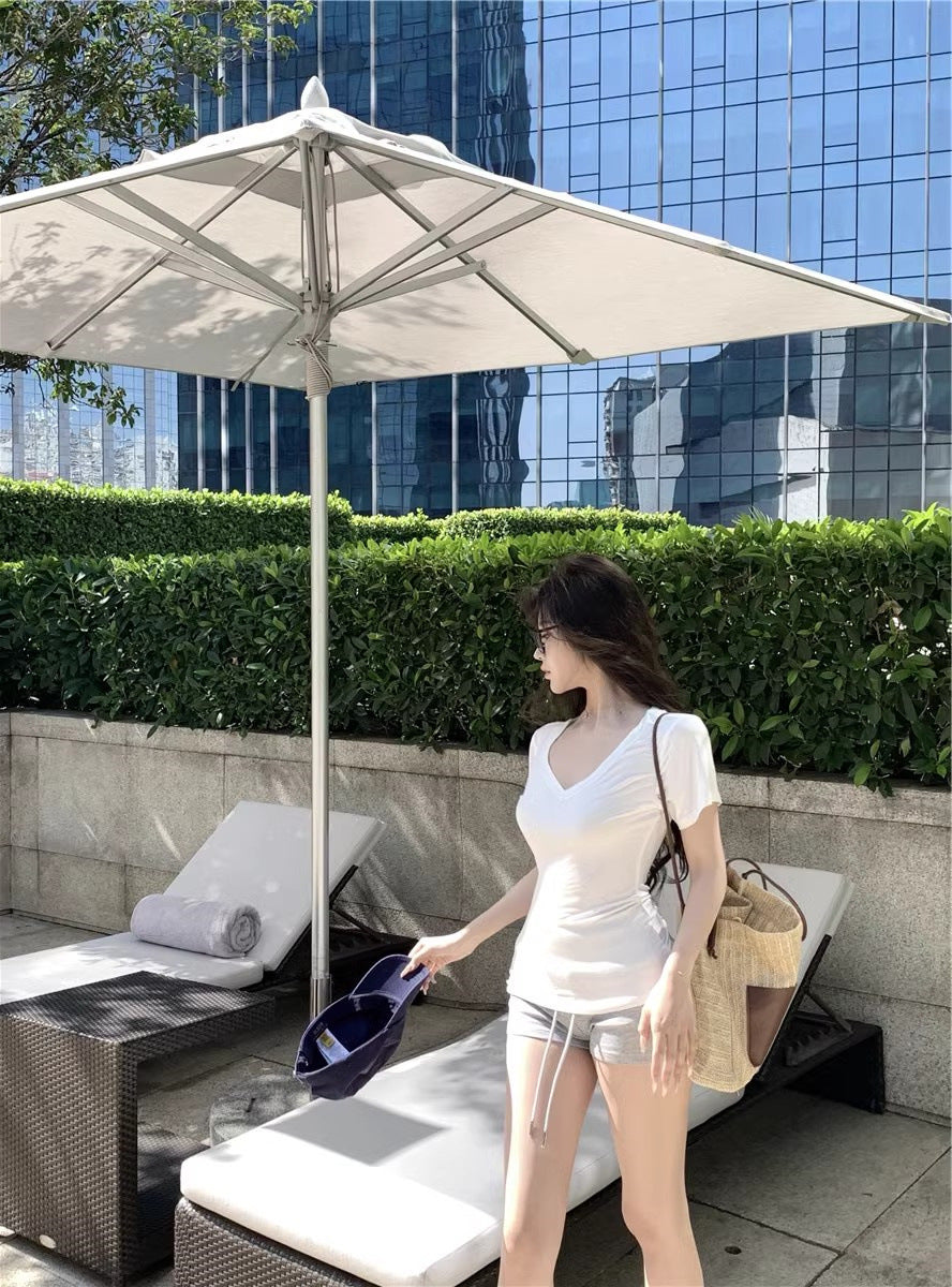 White V-Neck Short-Sleeved Shoulder T-Shirt Women's Summer Basic Slim-Fit Inner Spice Girls Simple Slimming Base Shirt Top