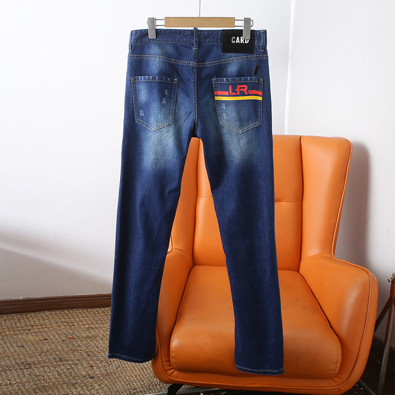 Korean Jeans Men's Spring and Summer Non-ironing Men's Slim-fit Small Straight Pants with Holes Trendy Youth Pants 9U16