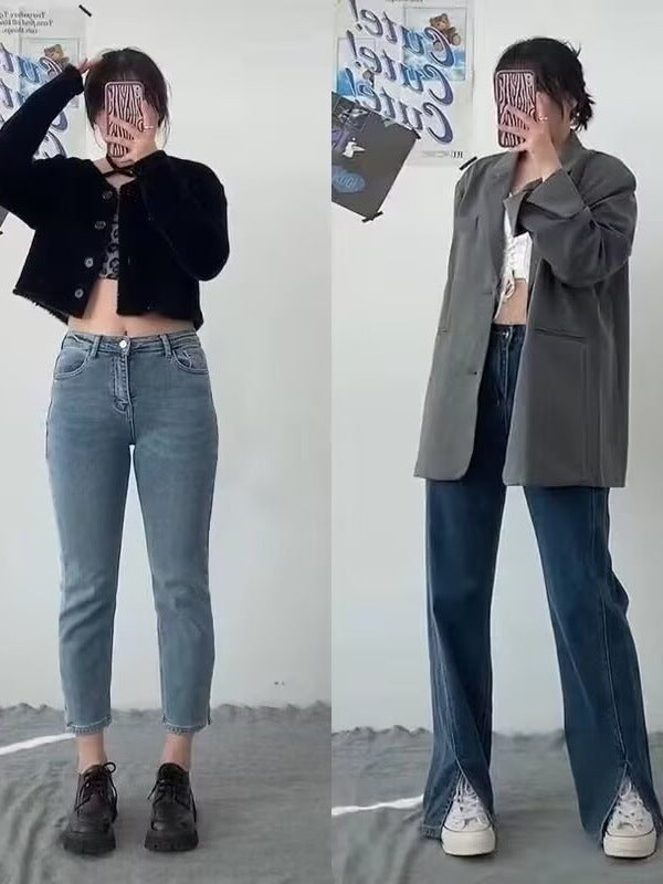 plus size chubby girl Split Jeans Women's Thigh Thick and Thin All-match Straight Tube Loose High Waist Trousers Jeans