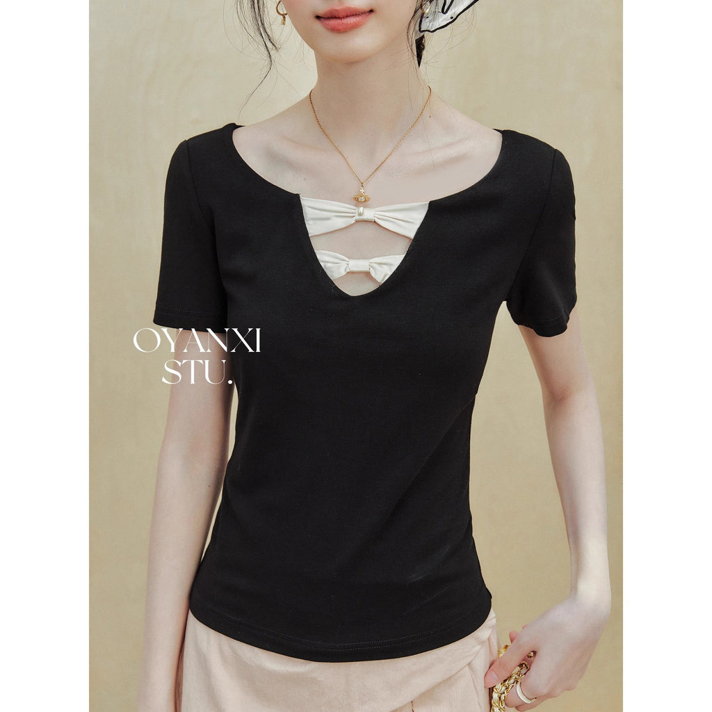 [Rayon 270g] "Ballet Girl" Black Short-Sleeved T-Shirt Women's Summer Design Waist Top
