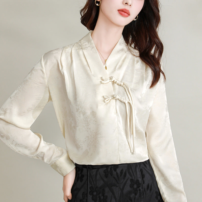 Real shot Spring 2024 new designer French chic top V-neck shirt commuter new Chinese shirt for women