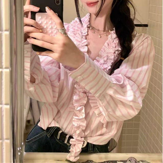 Design Sense Sweet Girl French Style Gentle V-Neck Stamped Striped Long Sleeve Shirt Spring and Summer New Season Top for Women