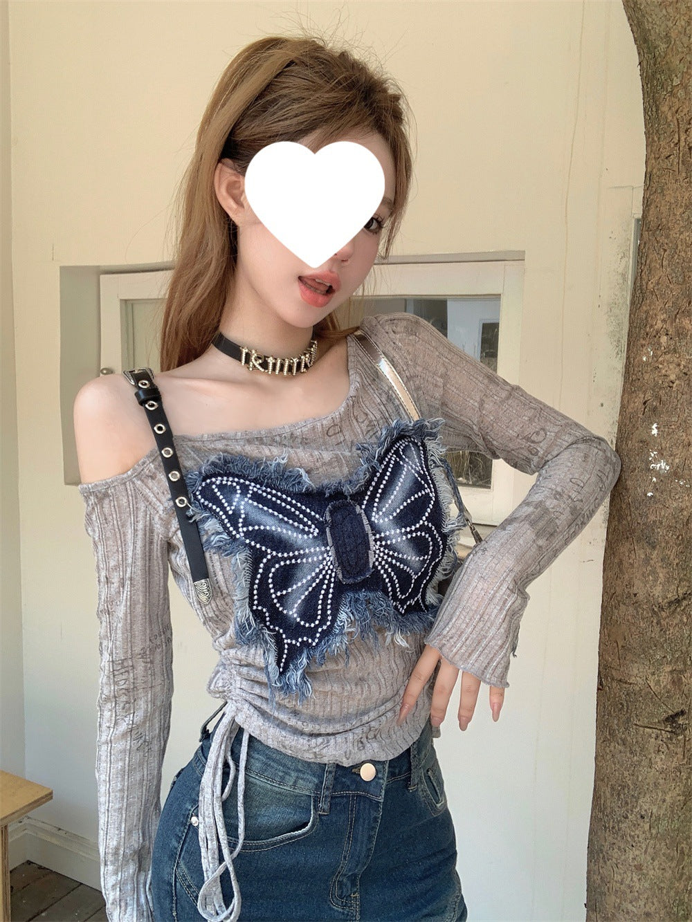 Design Sense Niche Stitching Denim Bow Short Spice Girls Summer Slimming Shoulder Drawstring Long-sleeved T-shirt Top